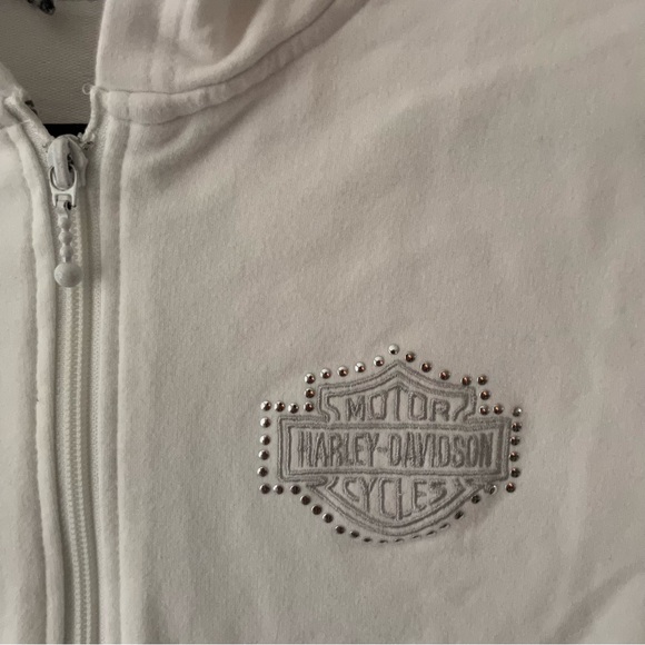 Harley Davidson Embroidered Flames Logo Studded Bling Hoodie in White - Picture 4 of 6
